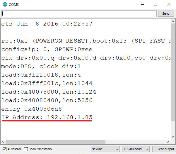 Arduino IDE showing successful upload and IP address in serial monitor